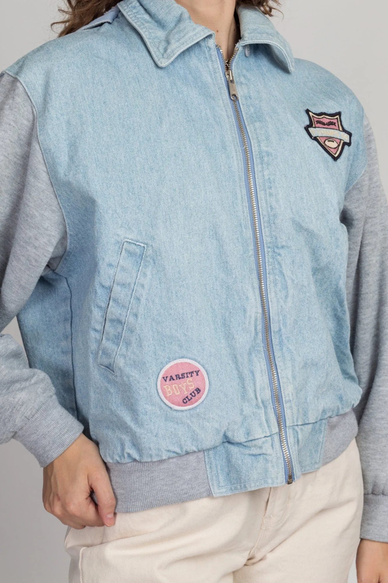 80s Hooded Denim Patch Varsity Jacket - Large