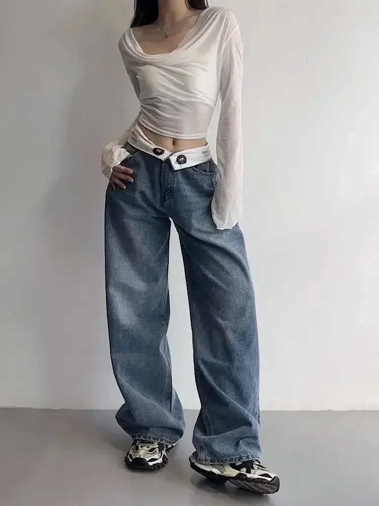 Amozae-Fall Outfits Streetwear y2k 90s Fashion Gothic  Vintage Y2k Jeans Women Baggy Kpop Gyaru Streetwear Wide Blue Denim Pants Harajuku Korean Acubi Fashion High Waist Jeans