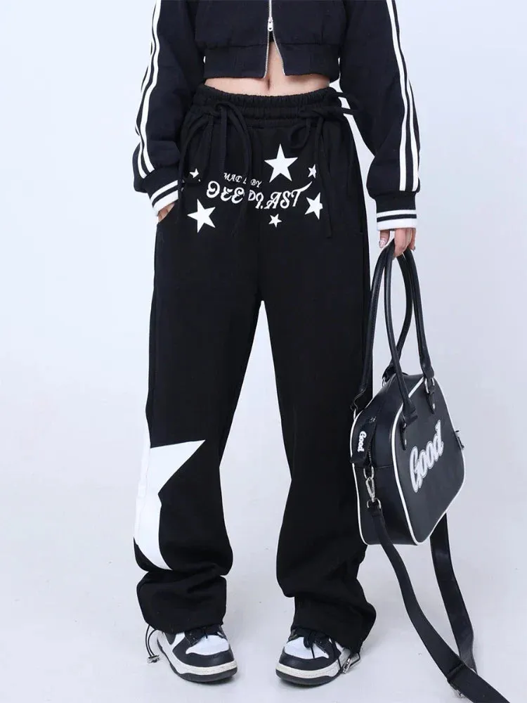 Back To School Joskaa Y2k Black Jogger Sweatpants Women Stars Pattern Punk Emo Wide Leg Trousers Harajuku Streetwear Hip Hop Causal Grunge Ins