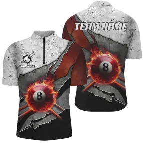 Billiard Grey Grunge Fire 8 Ball Pool Customized Name, Team Name 3D Jersey Shirt For Men