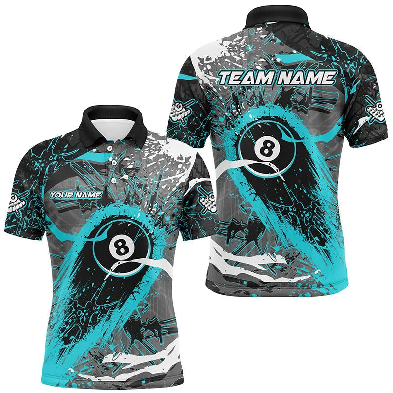 Billiard Multicolor Turquoise Grunge Stains 8 Ball Pool Customized Name, Team Name 3D Polo Shirt