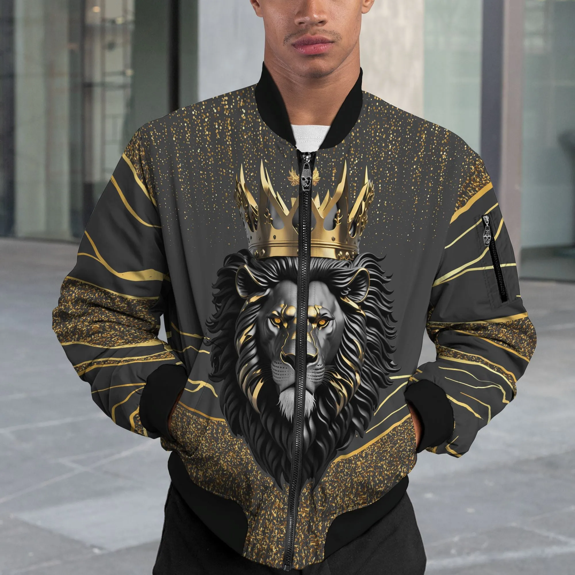 Black and Gold Lion Bomber Jacket