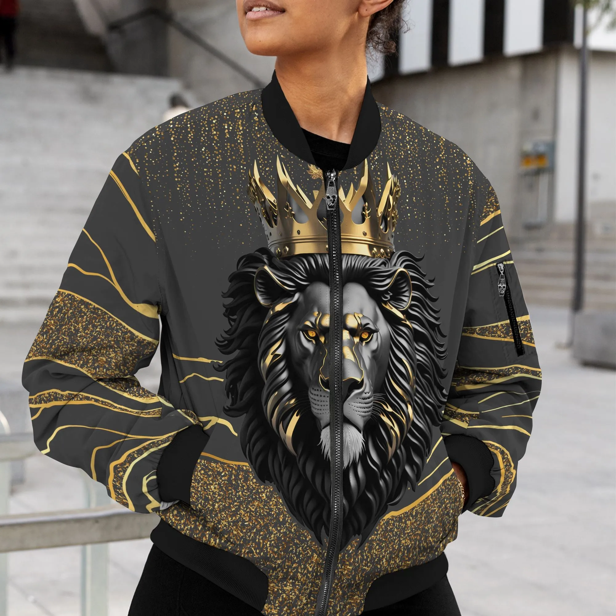 Black and Gold Lion Bomber Jacket