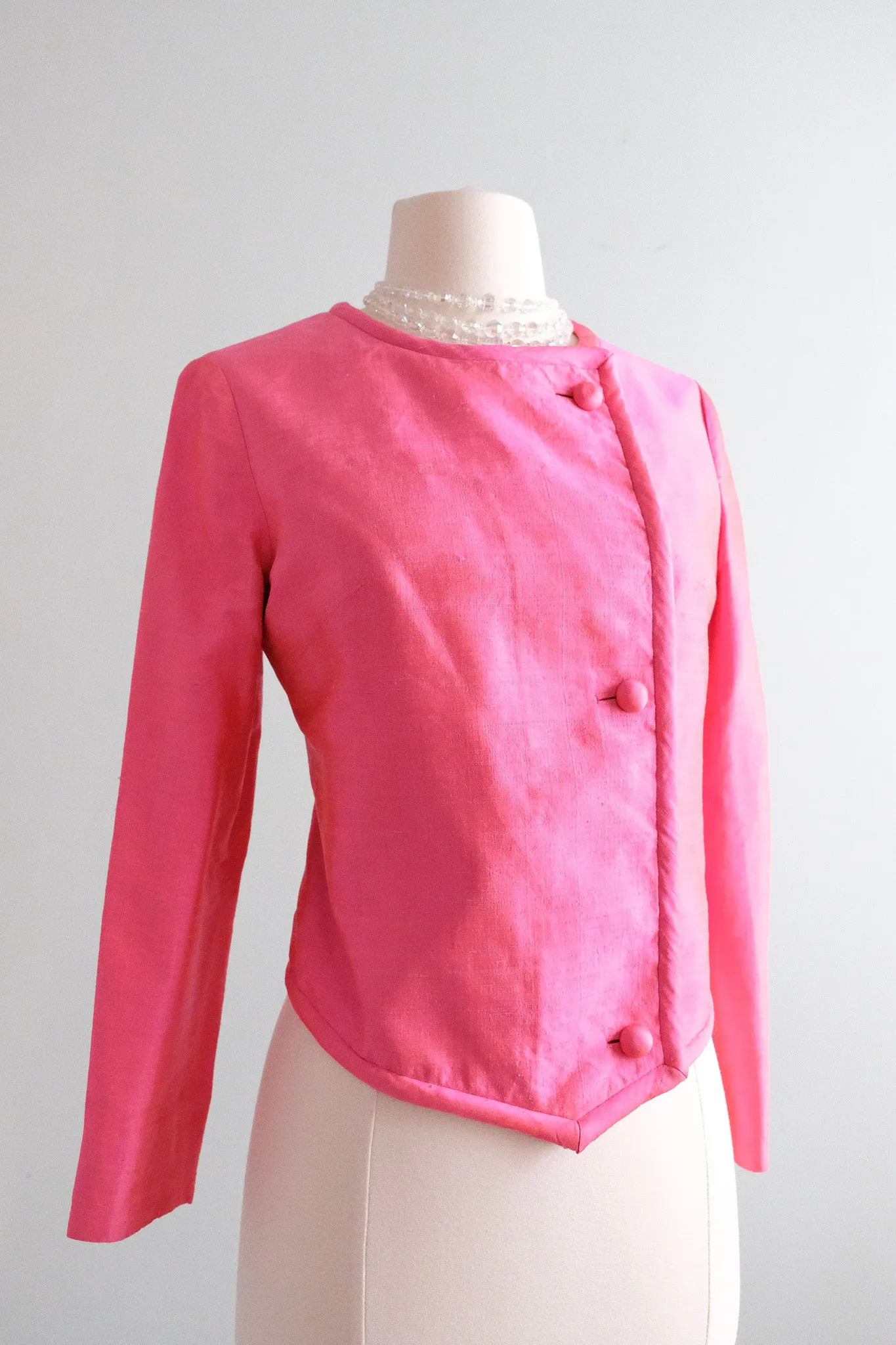 Bold 1960's Hot Pink Thai Silk Cropped Jacket / Sz M