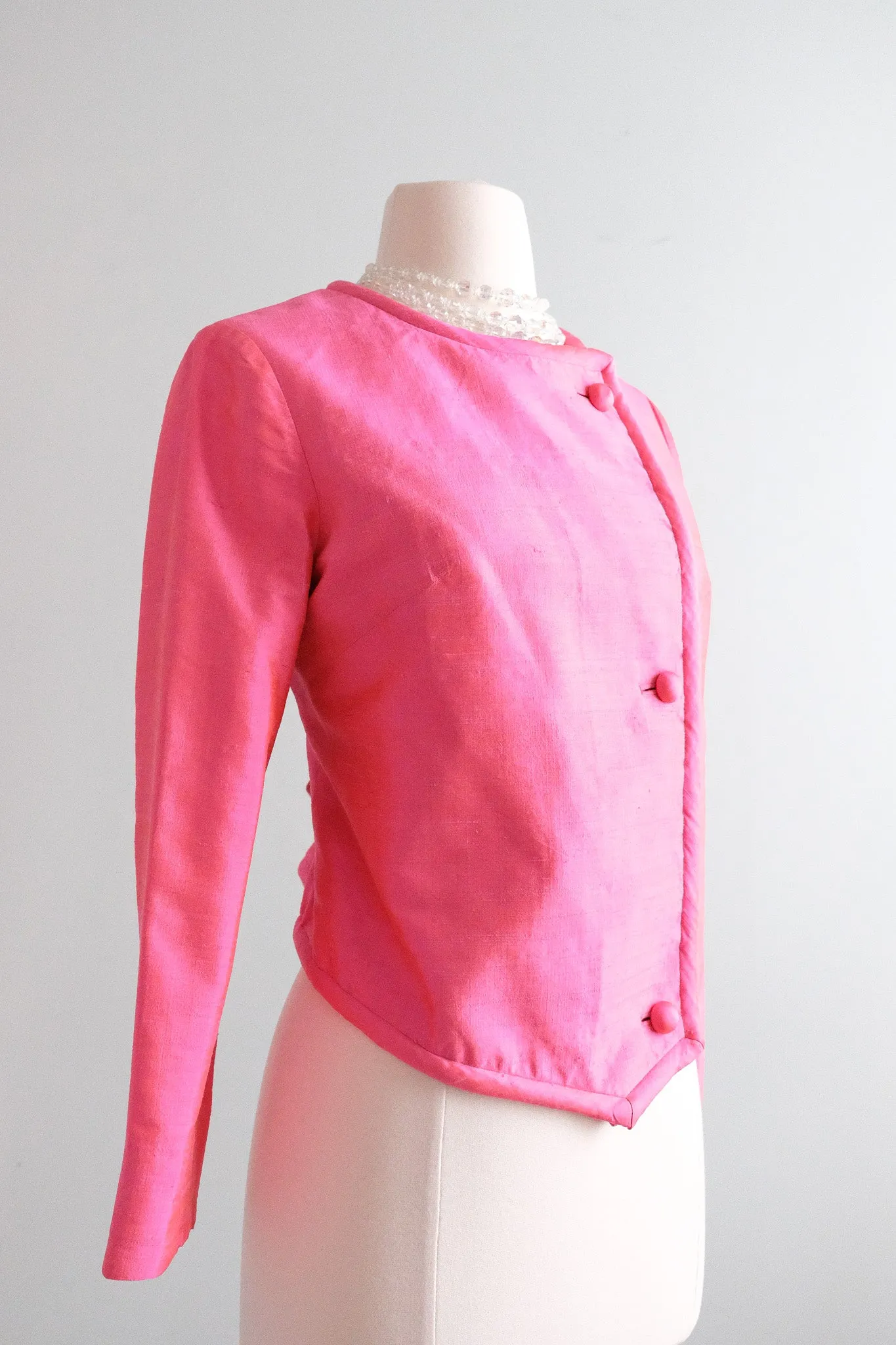 Bold 1960's Hot Pink Thai Silk Cropped Jacket / Sz M