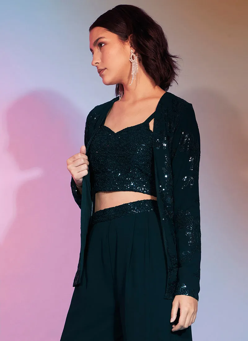 Dark Green Sequence Embellished Co-Ord Style Pant Suit