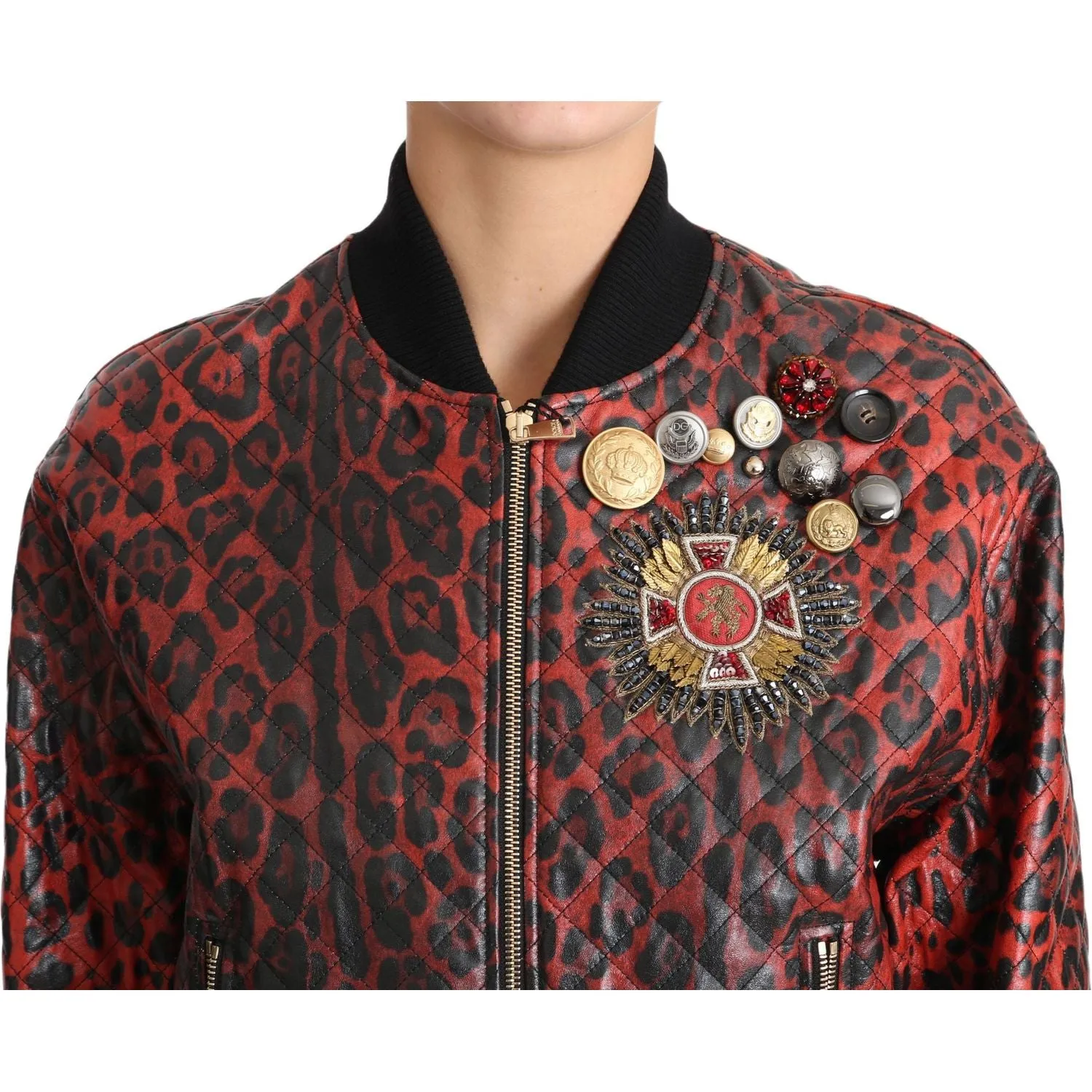 Dolce & Gabbana Red Leopard Bomber Leather Jacket with Crystal Buttons