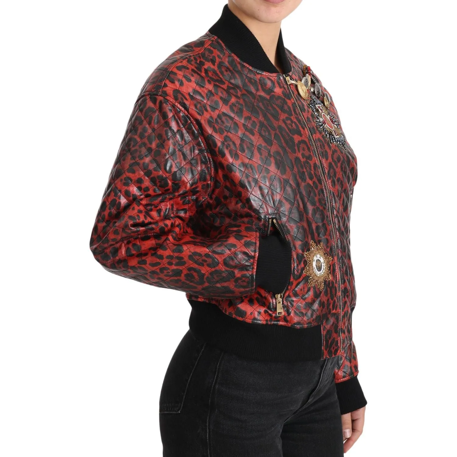 Dolce & Gabbana Red Leopard Bomber Leather Jacket with Crystal Buttons