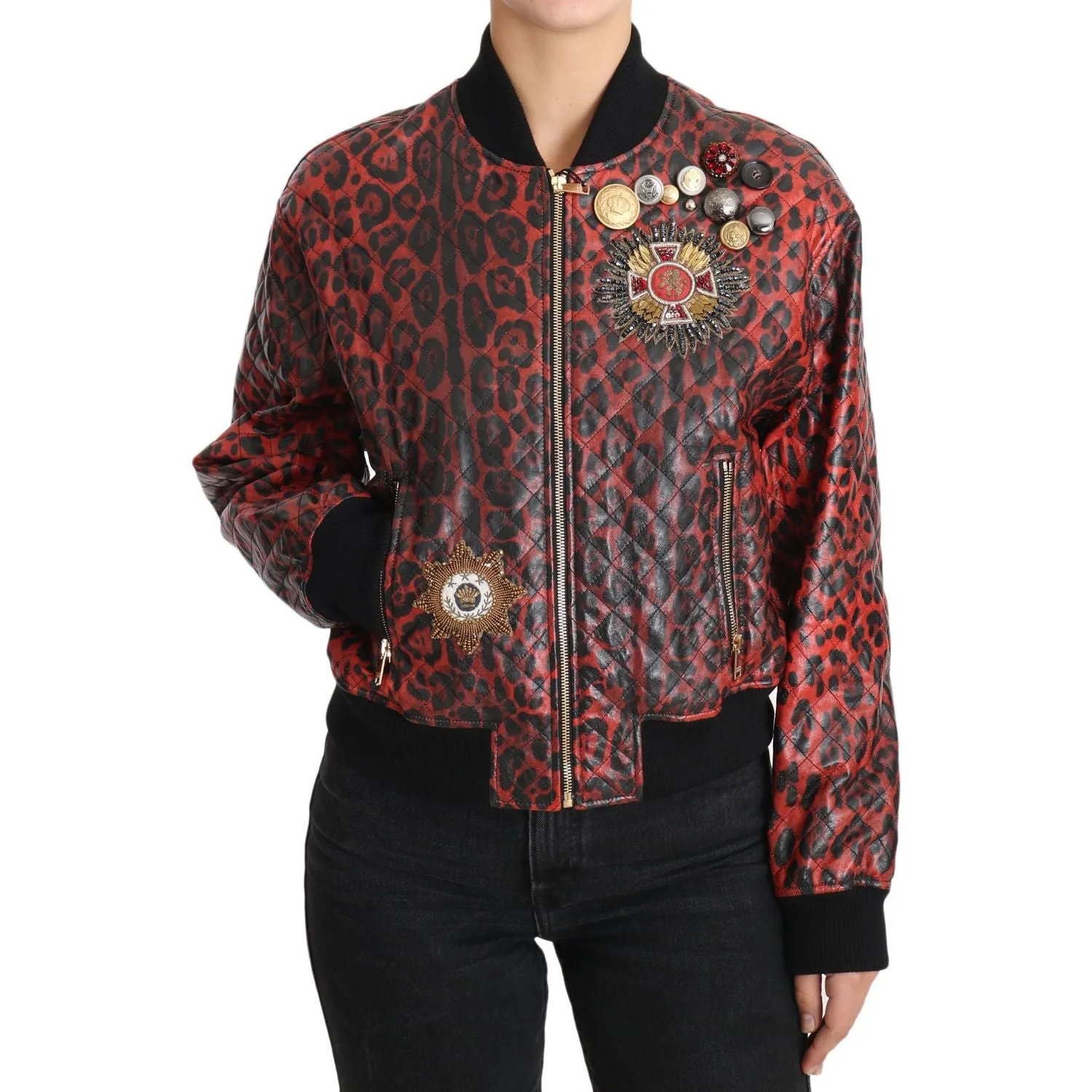 Dolce & Gabbana Red Leopard Bomber Leather Jacket with Crystal Buttons