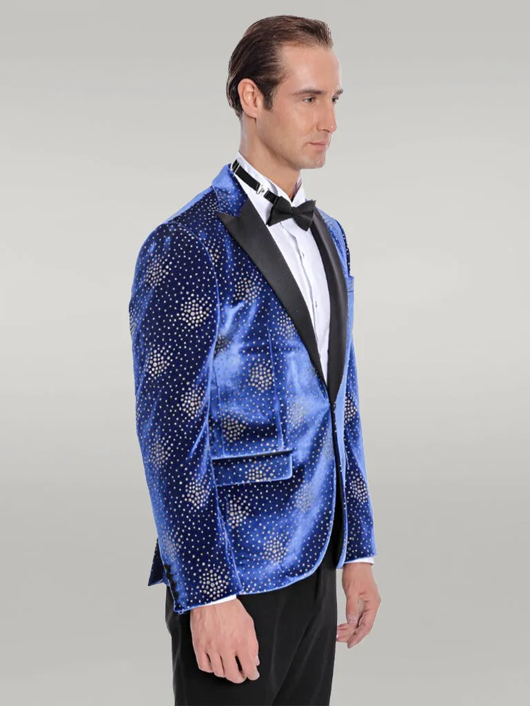 Dot Patterned Peak Lapel Blue Men Singer Performance Blazer - Wessi