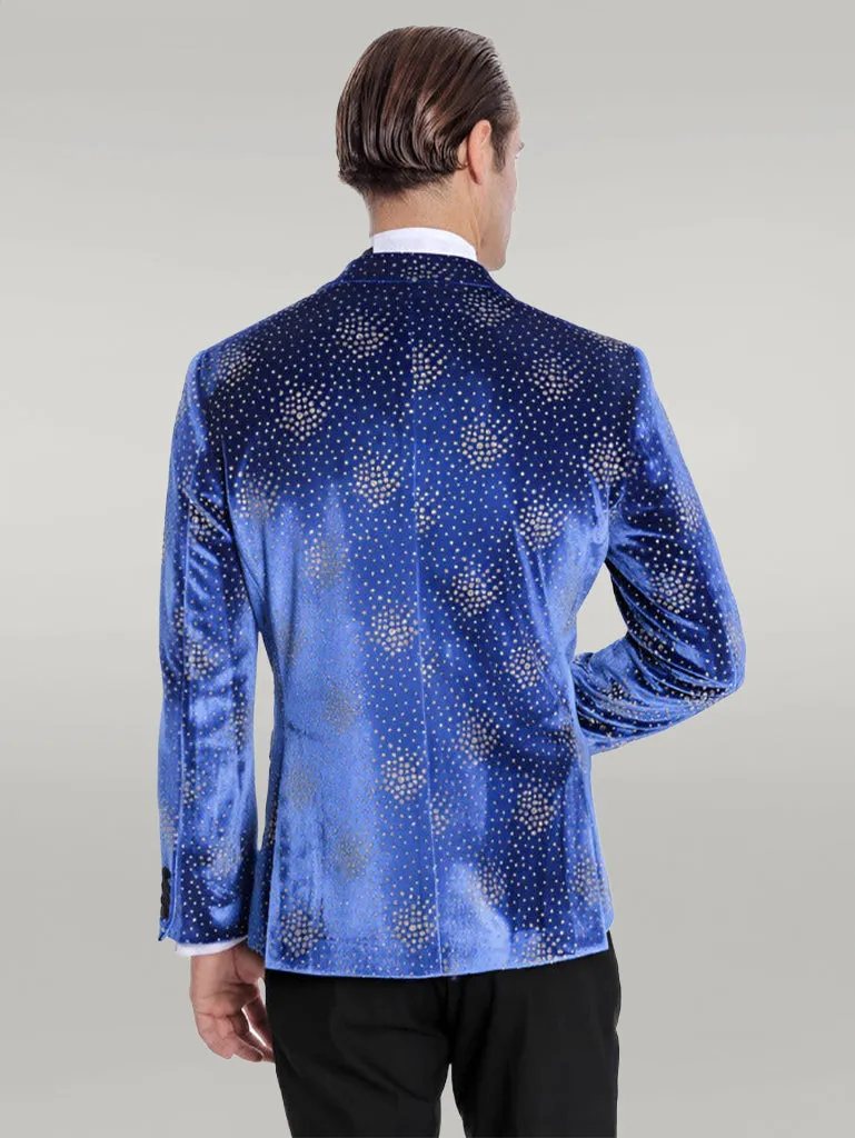 Dot Patterned Peak Lapel Blue Men Singer Performance Blazer - Wessi