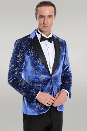 Dot Patterned Peak Lapel Blue Men Singer Performance Blazer - Wessi