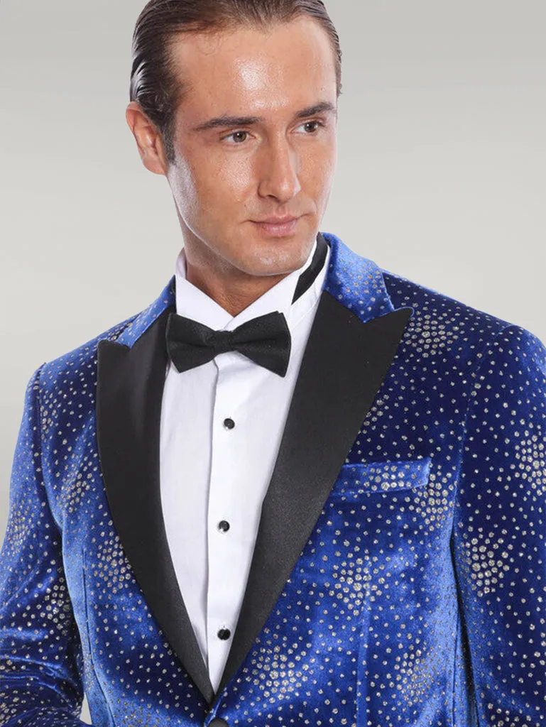 Dot Patterned Peak Lapel Blue Men Singer Performance Blazer - Wessi