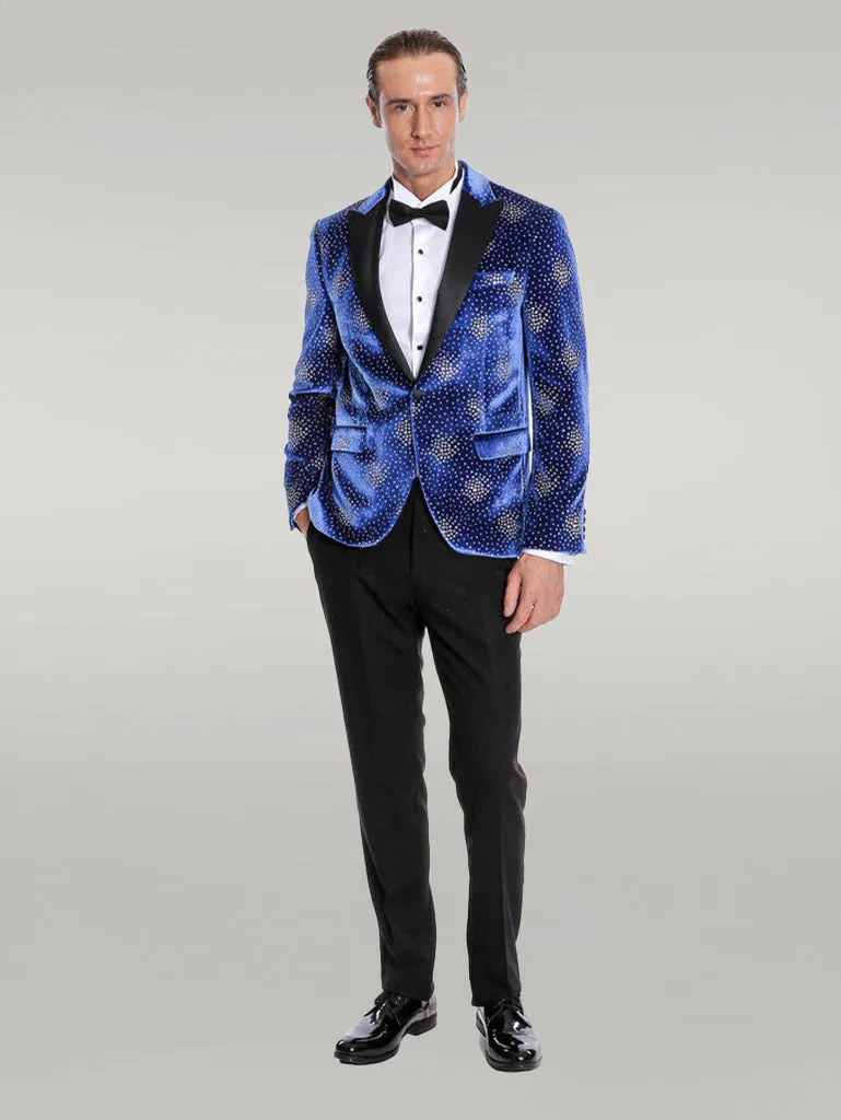 Dot Patterned Peak Lapel Blue Men Singer Performance Blazer - Wessi