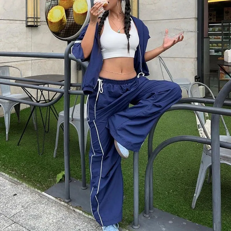 Flytonn-Harajuku Grunge Baggy Pants Contrast Color Drawstring Waistband Loose Wide Leg Trousers Women Sporty Going Out Sweatpants