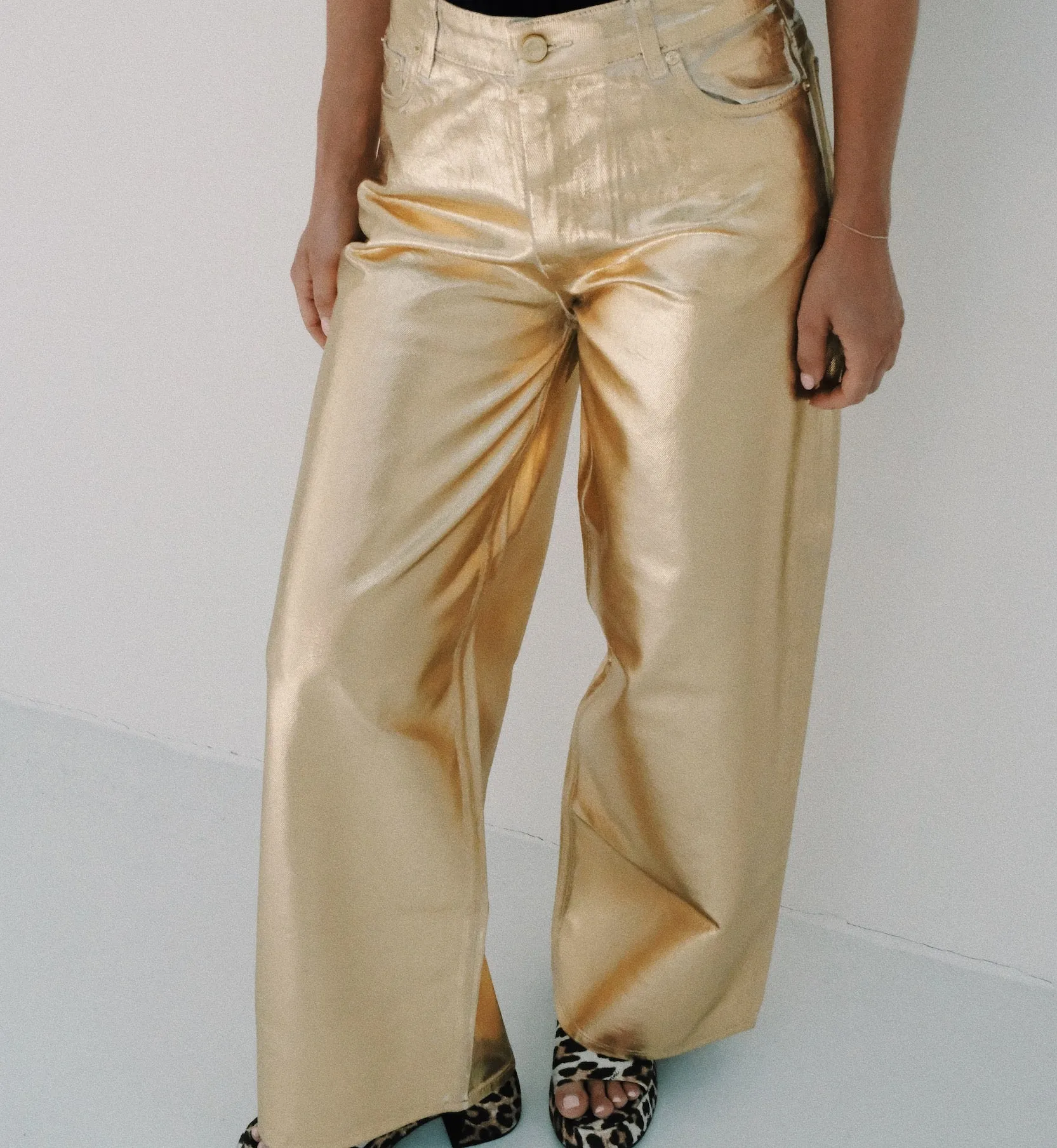 GANNI Gold Foil Denim Wide Jeans