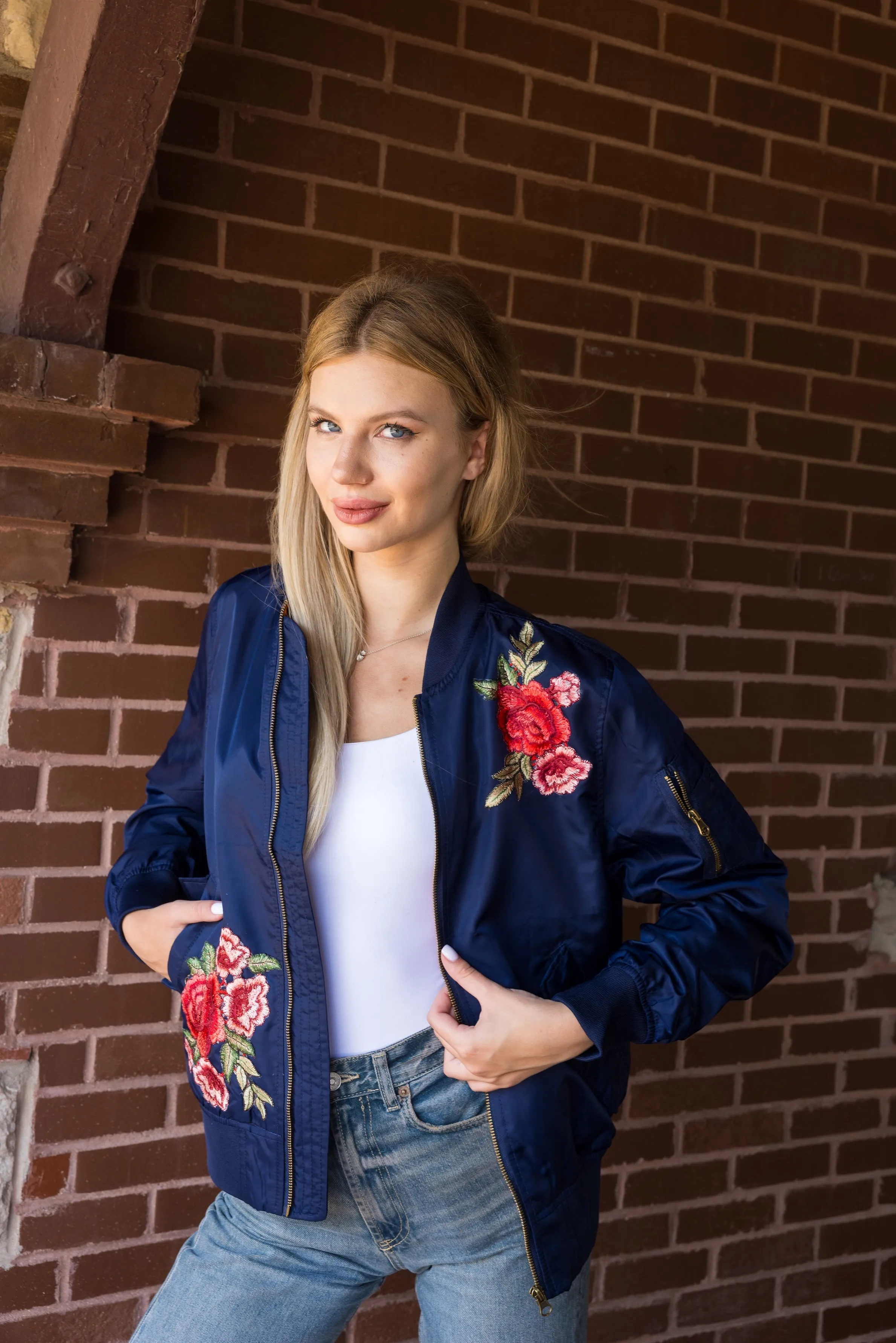 Jacket, Bomber Navy, Floral Patches