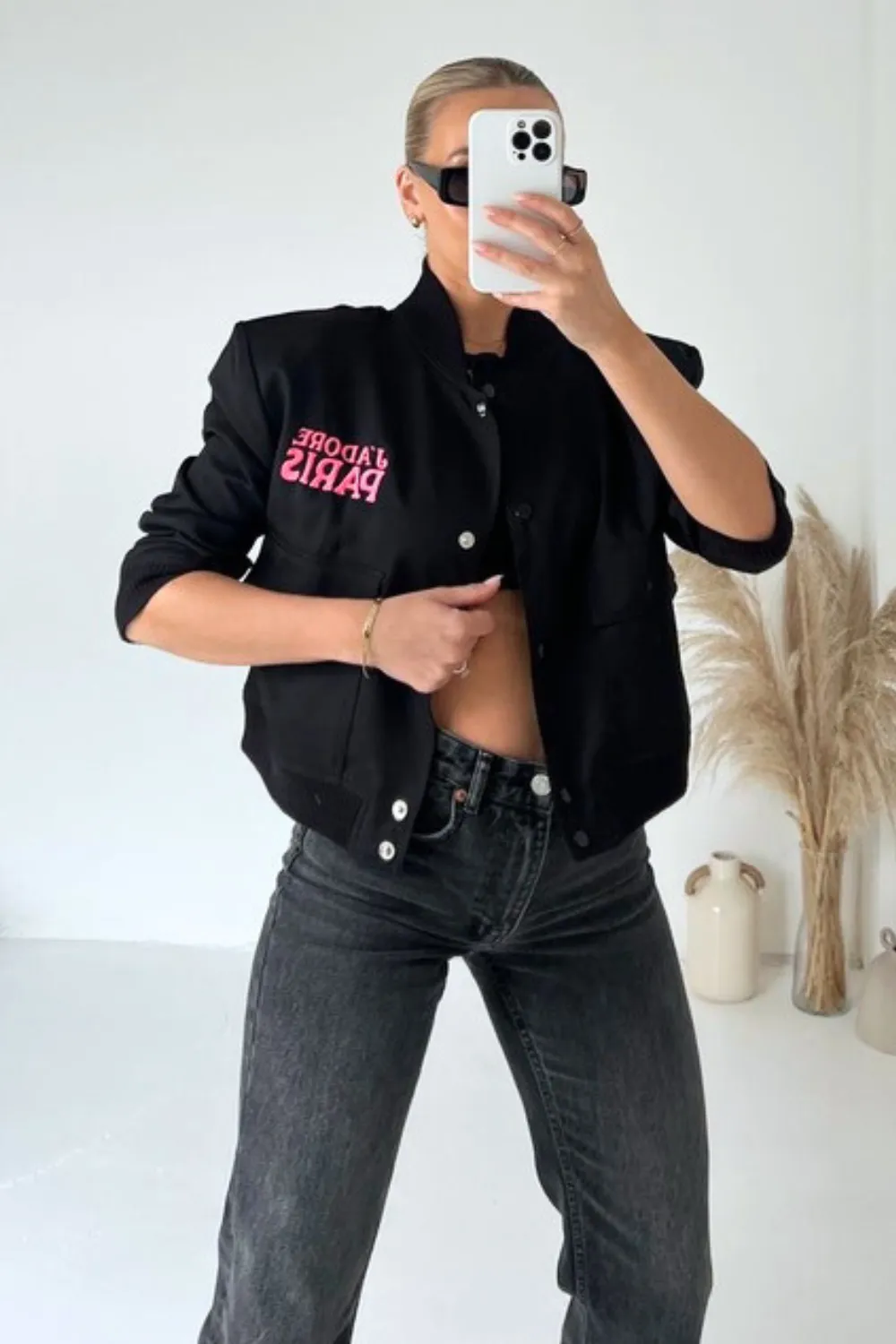 Jadore Paris black and pink embroidered bomber jacket