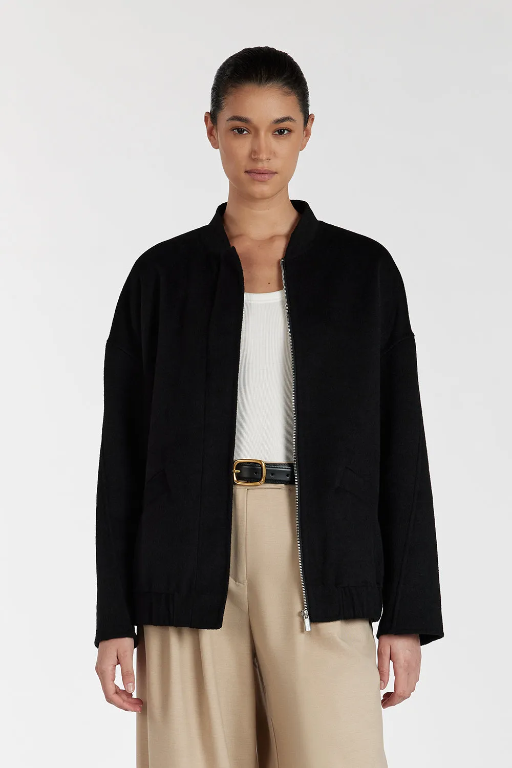 JERI BLACK WOOL BLEND BOMBER JACKET