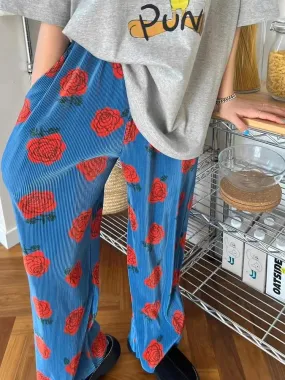 Joskaa 2024 Summer New Sweatpants Women Fashion Vintage Flower Print Loose Wide Leg Pants Y2k Grunge Elastic Waist Straight Trousers