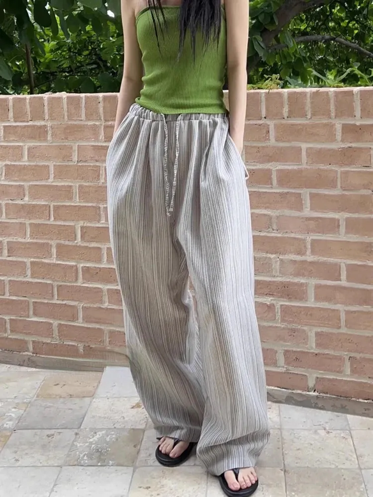 Korean Simple Grunge Vintage Wide Leg Trousers Fashion Striped Drawstring High Waist Pants Women Loose Casual Mujer Pantalones