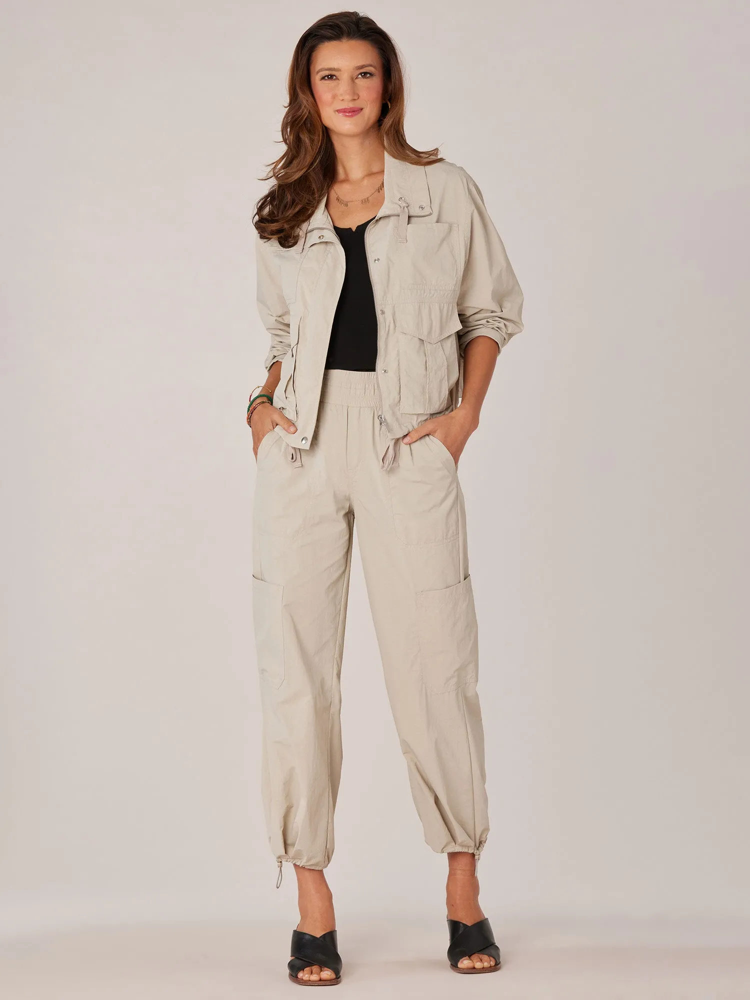 Long Sleeve Double Patch Pocket Cropped Drawstring Hem Utility Jacket