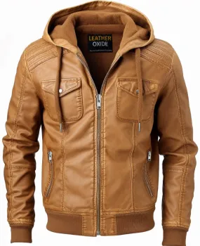 Men Classic Swiss Light Brown Hooded Leather Jacket