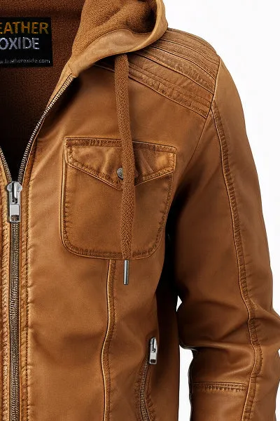 Men Classic Swiss Light Brown Hooded Leather Jacket