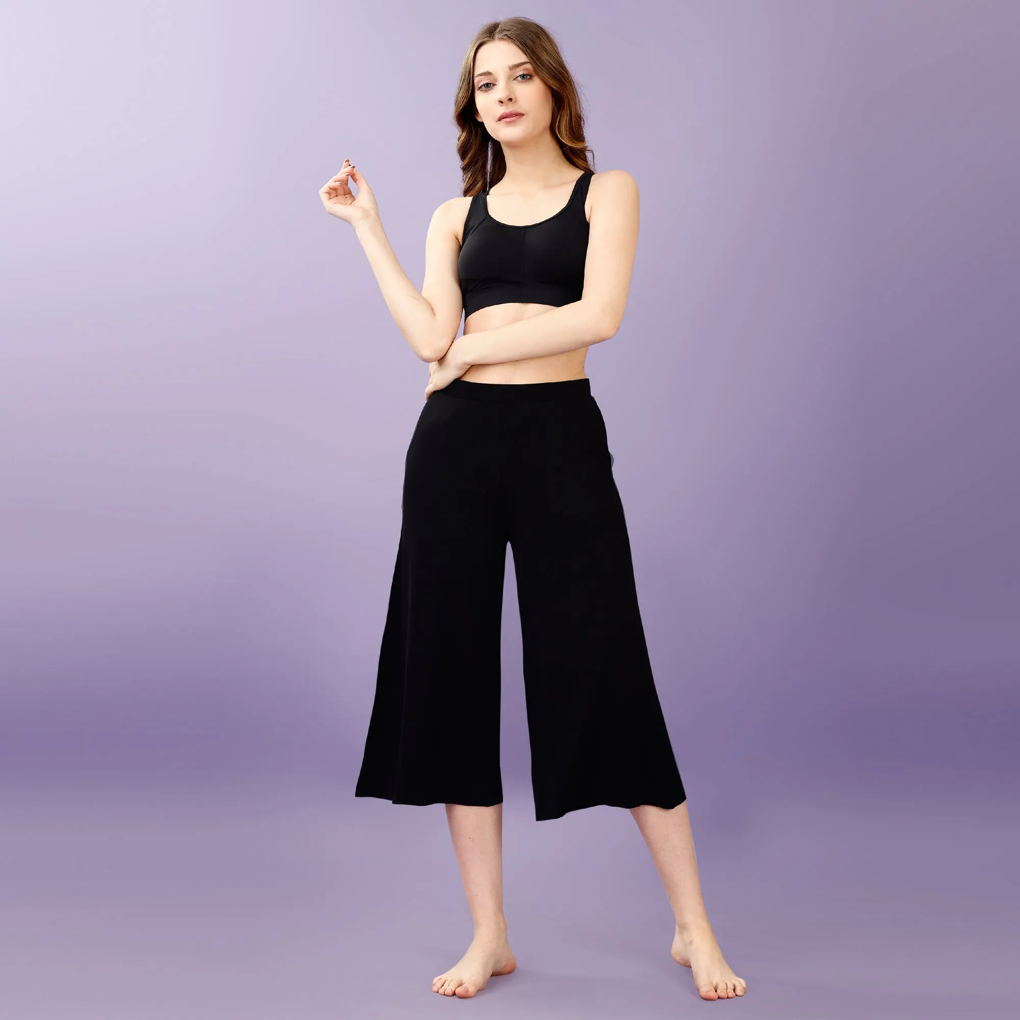 Mid Rise Flared Lounge Culottes 3/4 Length with Pockets-NT-130