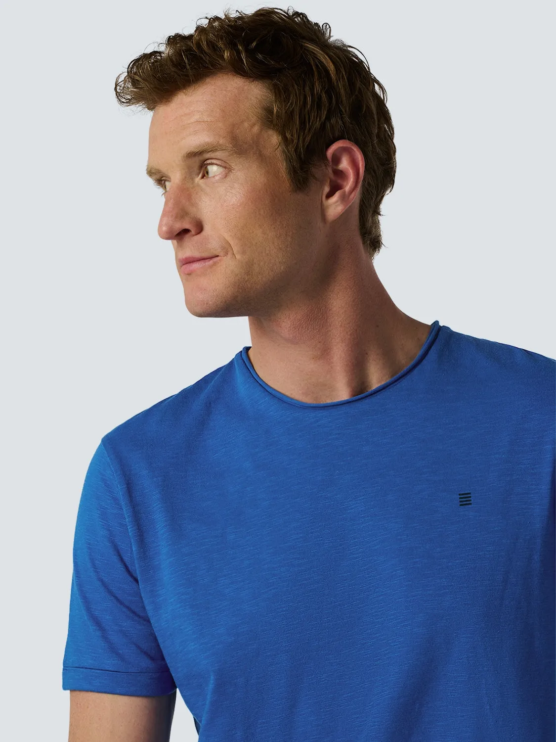 Round Neck T-Shirt with Rolled Sleeve Cuffs and Subtle Logo Print | Cobalt