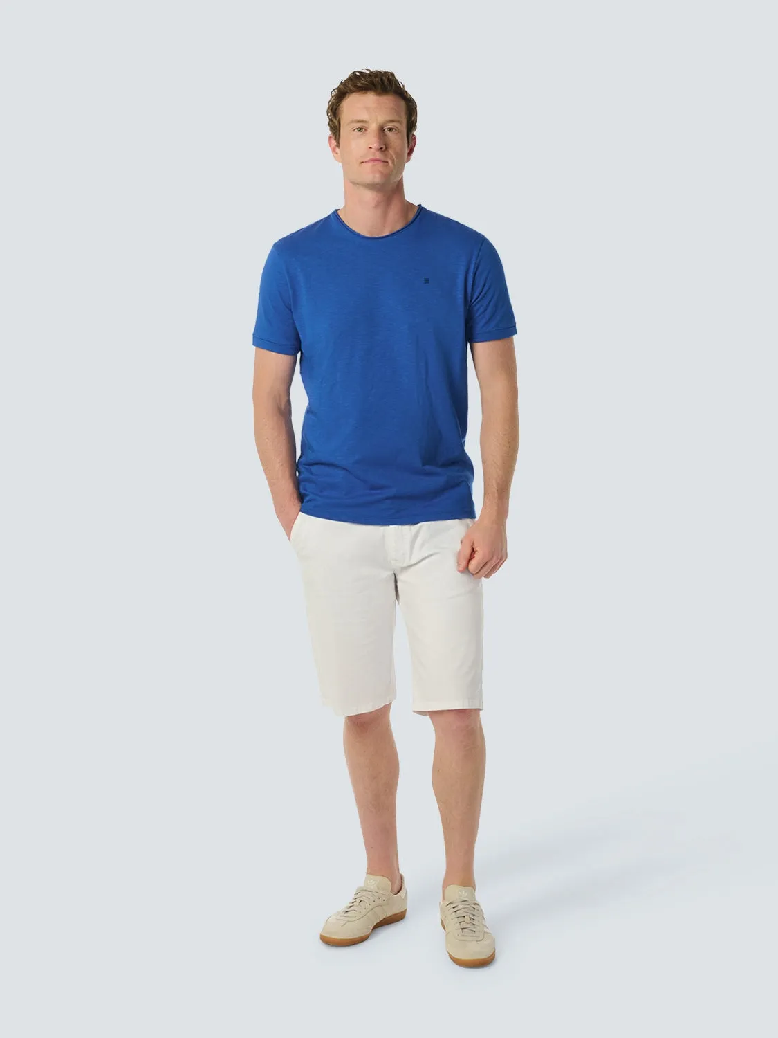 Round Neck T-Shirt with Rolled Sleeve Cuffs and Subtle Logo Print | Cobalt