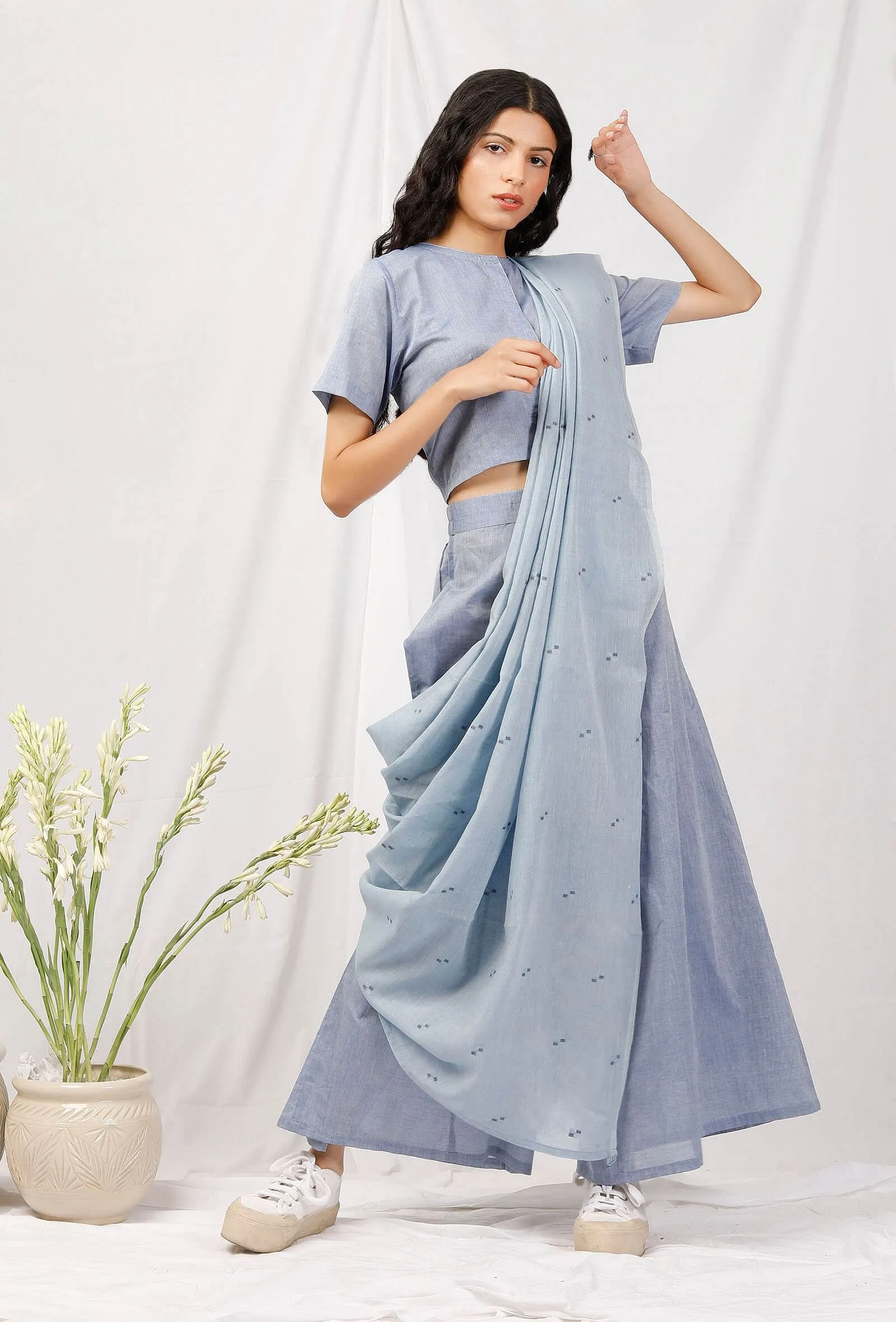 Set Of 3: Chambray Blouse And Culottes With Jamdani Saree