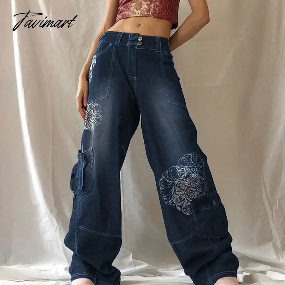 Tavimart Retro Graphic Print Y2K Baggy Jeans Grunge High Waist Cargo Denim Trousers Streetwear Casual Sweatpants Pantalon Pour Femme