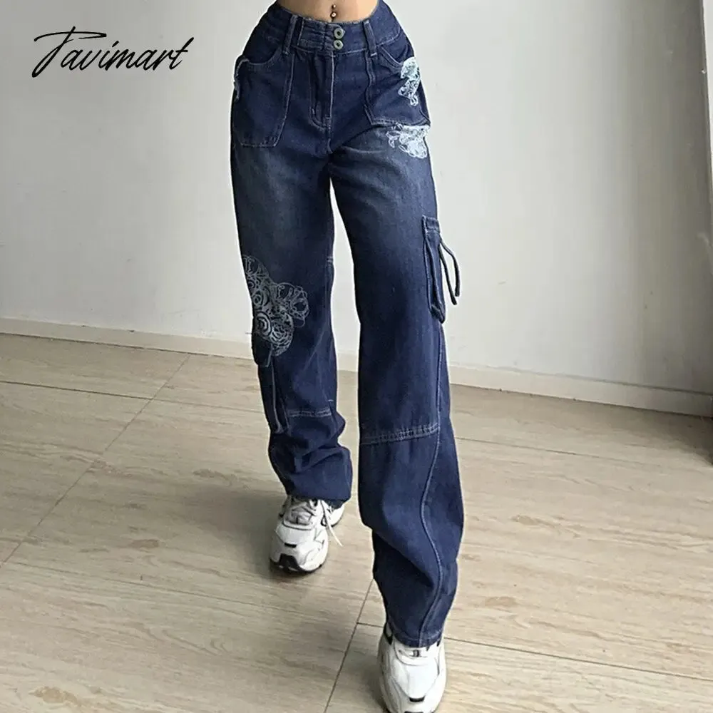 Tavimart Retro Graphic Print Y2K Baggy Jeans Grunge High Waist Cargo Denim Trousers Streetwear Casual Sweatpants Pantalon Pour Femme