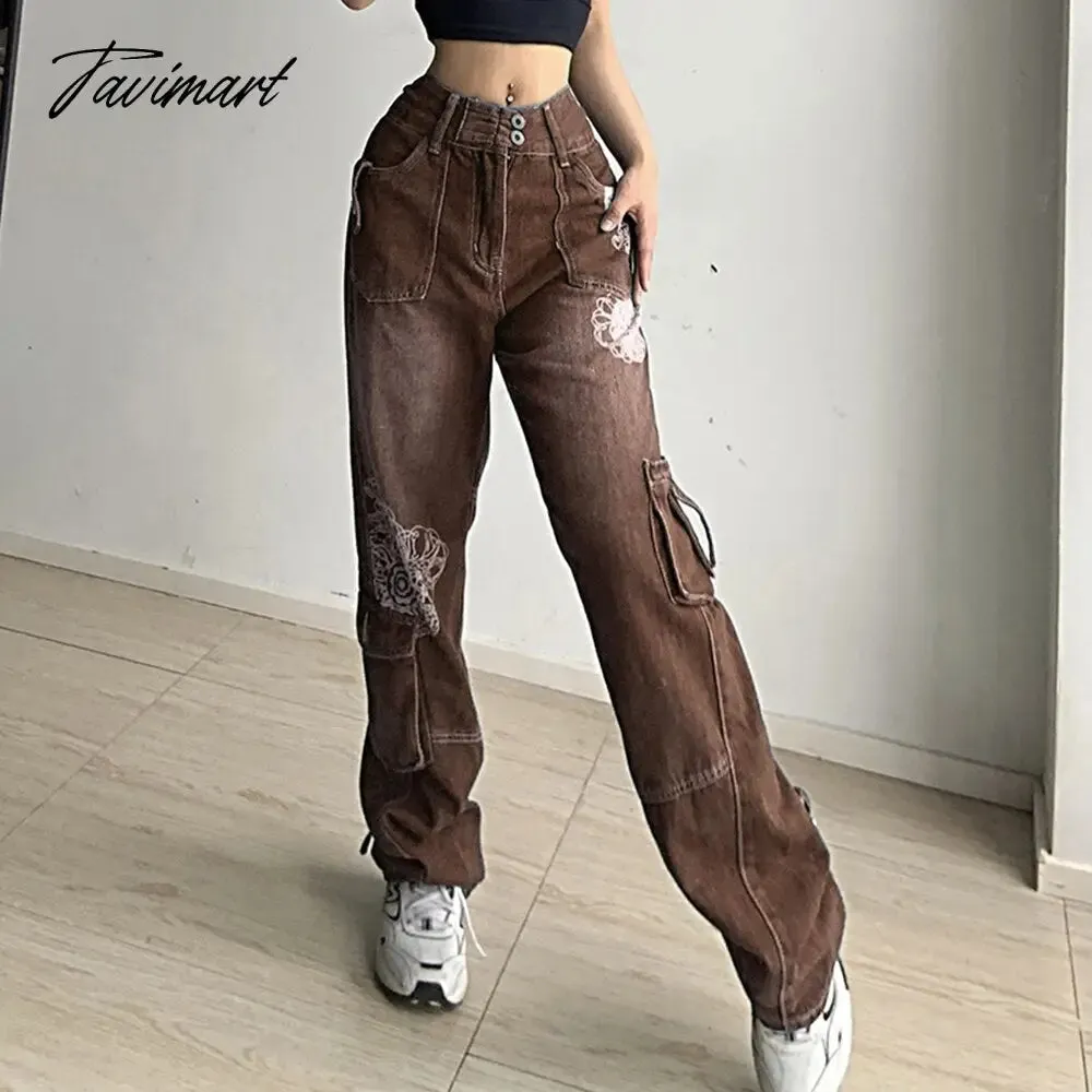 Tavimart Retro Graphic Print Y2K Baggy Jeans Grunge High Waist Cargo Denim Trousers Streetwear Casual Sweatpants Pantalon Pour Femme