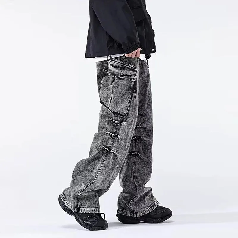 Wiaofellas Fashion Male Cargo Style Big Pockets Loose Jeans Trousers Men Casual Long Pant Youth Streetwear Distressed Denim Pants