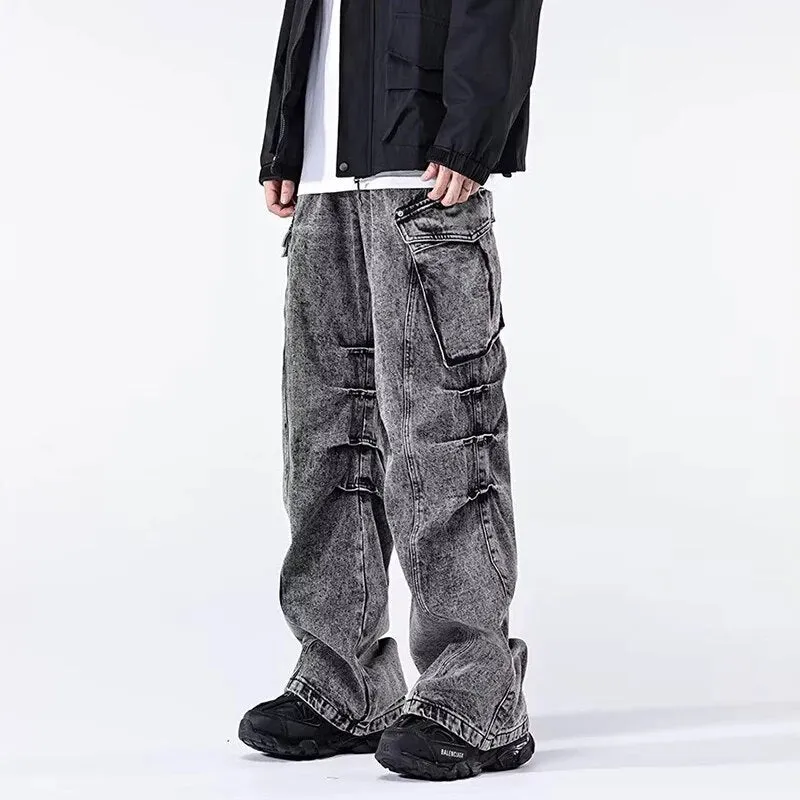 Wiaofellas Fashion Male Cargo Style Big Pockets Loose Jeans Trousers Men Casual Long Pant Youth Streetwear Distressed Denim Pants