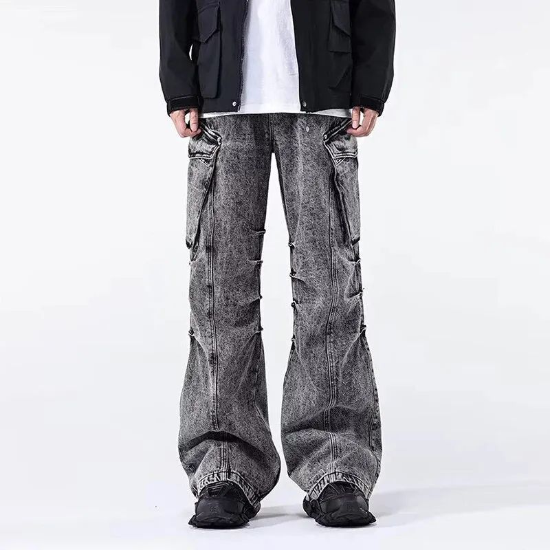 Wiaofellas Fashion Male Cargo Style Big Pockets Loose Jeans Trousers Men Casual Long Pant Youth Streetwear Distressed Denim Pants