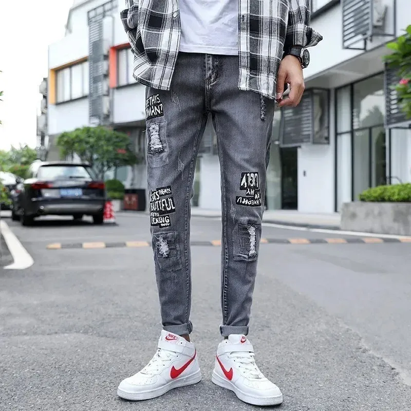 Wiaofellas Men’s Korea Ripped Denim Pants Beggar Style Printed Washed Ankle-length Pencil Jeans Men Fashion Print Jeans