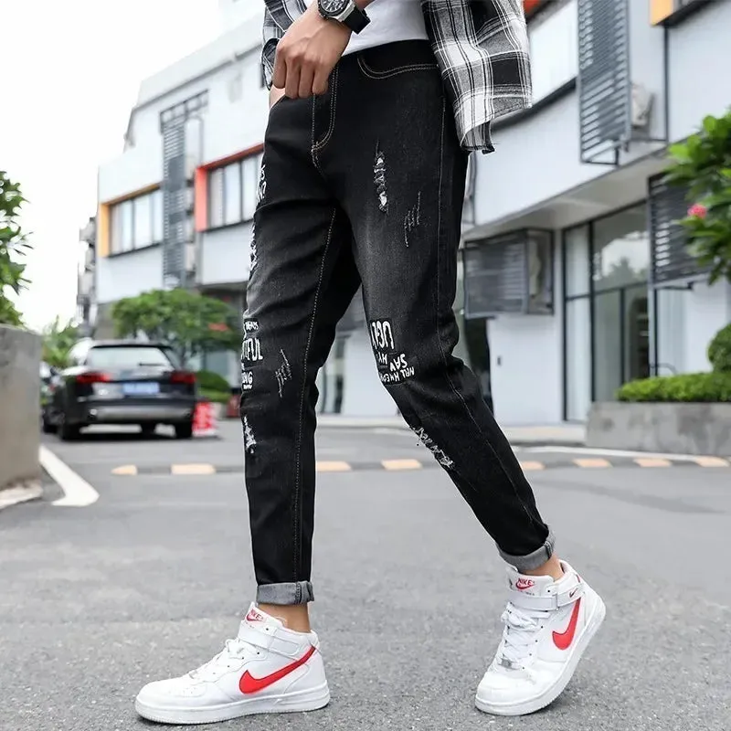 Wiaofellas Men’s Korea Ripped Denim Pants Beggar Style Printed Washed Ankle-length Pencil Jeans Men Fashion Print Jeans