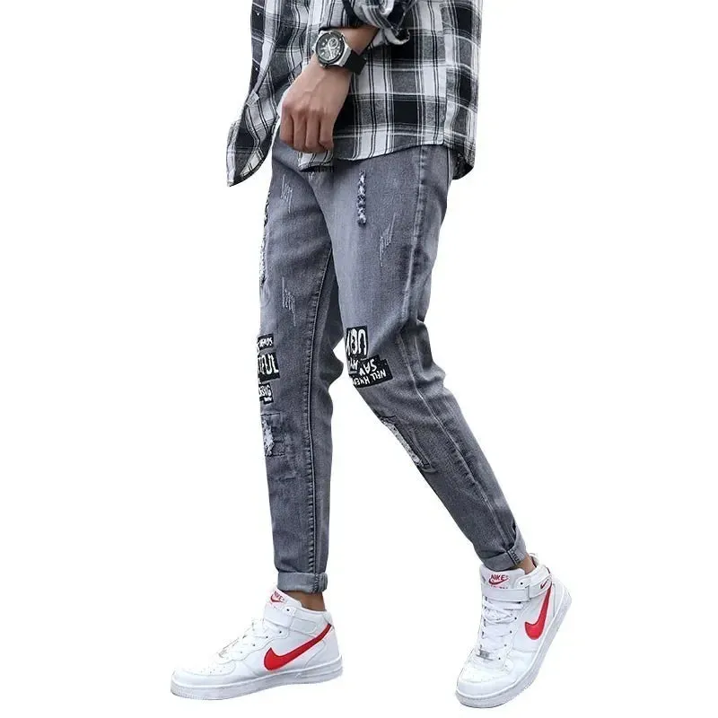 Wiaofellas Men’s Korea Ripped Denim Pants Beggar Style Printed Washed Ankle-length Pencil Jeans Men Fashion Print Jeans