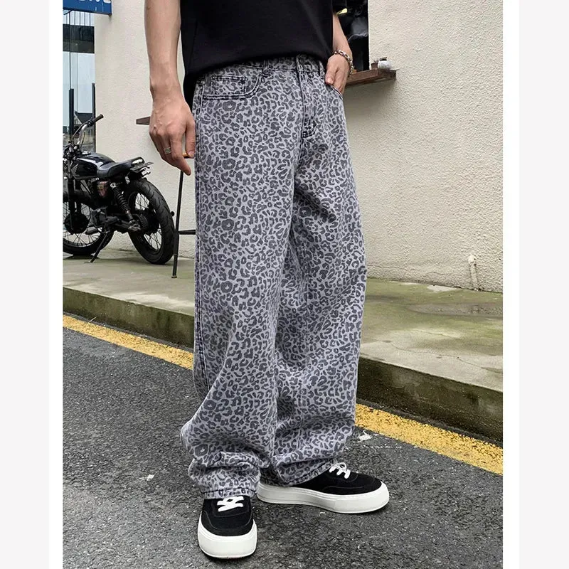 Wiaofellas  -  Men's Leopard Print Streetwear Fashion Hip Hop Loose Casual Straight Denim Jeans Pants Trousers Baggy Jeans Pant for Men