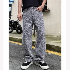 Wiaofellas  -  Men's Leopard Print Streetwear Fashion Hip Hop Loose Casual Straight Denim Jeans Pants Trousers Baggy Jeans Pant for Men