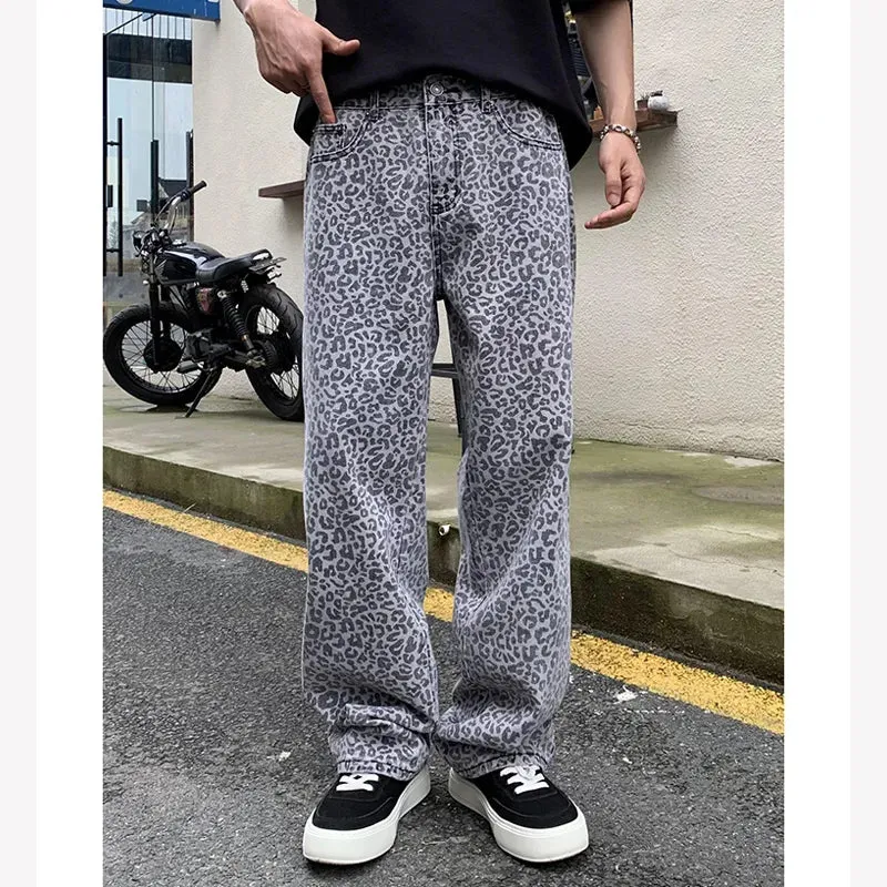 Wiaofellas  -  Men's Leopard Print Streetwear Fashion Hip Hop Loose Casual Straight Denim Jeans Pants Trousers Baggy Jeans Pant for Men